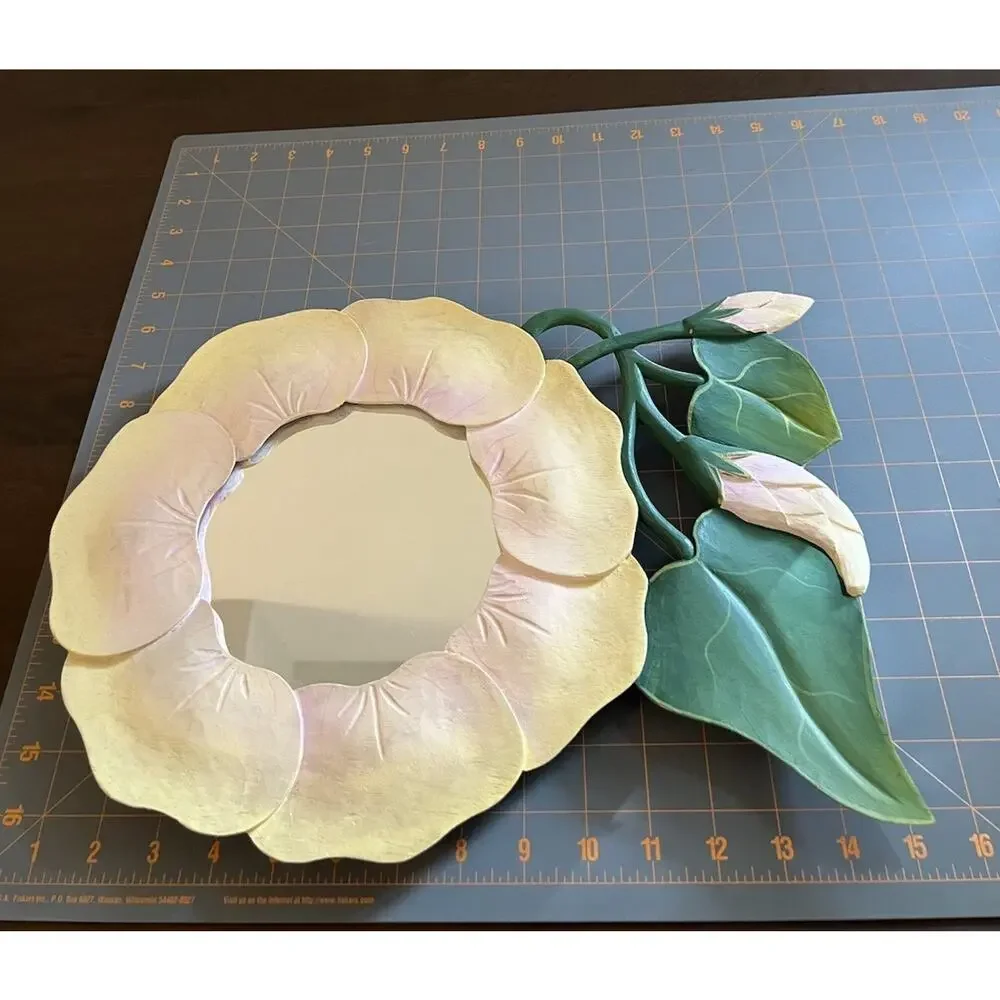 VTG Cottagecore Wooden Floral Wall Mirror Pink/Yellow/Green Frame Wall Mounted